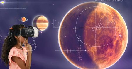 Girl using VR headset exploring planets and geometry in virtual space classroom. Virtual reality,...