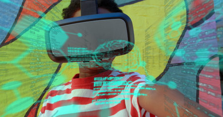Image of digital interface, data and brain over young child using VR headset and pointing. Global...
