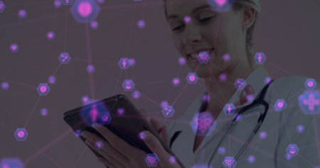 Using digital medical interface on tablet, healthcare professional smiling confidently. Technology, innovationの写真素材