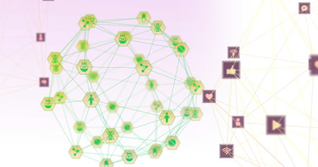 Digital network connections forming abstract web of technology icons and symbols. connectivity,...