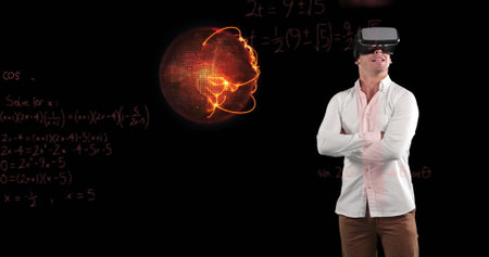 Man using VR headset exploring virtual math concepts with futuristic graphics. Technology,...