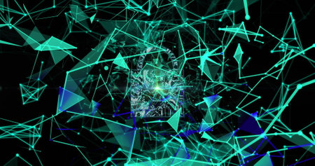Image of online security padlock with network of connections in background. global connections,...
