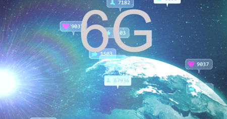 Image of 6g text, social media icons on banners over night sky. global online communication, digital interface and technology concept digitally generated image.の写真素材