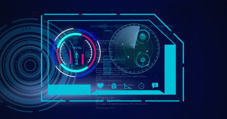Image of scopes scanning and data processing on digital screen. global technology, digital interface and data processing concept digitally generated image.の写真素材