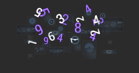 Image of numbers changing and data processing over screens on grey background. global networks and...