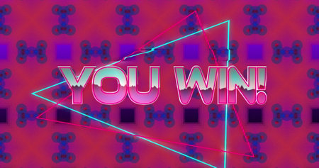 Retro digital interface with vibrant colors and bold You Win! message. Gaming, arcade, victory,...