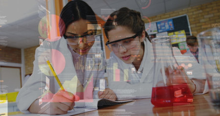 Image of digital interface with graphs and data moving over secondary school girls in a lab doing an...
