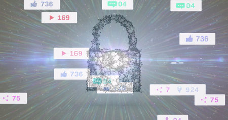 Image of social media icons on banners over digital online security padlock. global online communication, digital interface and technology concept digitally generated image.の写真素材