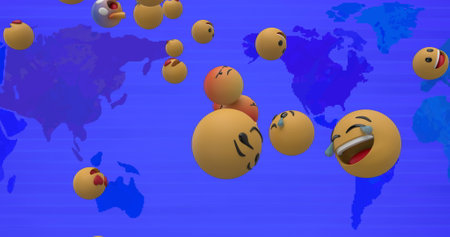 Image of emoji icons flying over world map. global connections and technology concept digitally generated image.の写真素材