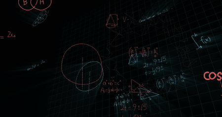 Image of data processing and mathematical equations. global knowledge, science, data processing, technology and connection concept digitally generated image.の写真素材