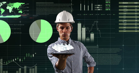 Engineer holding a tablet and viewing a 3d rotating model of a city with digital interface. global...