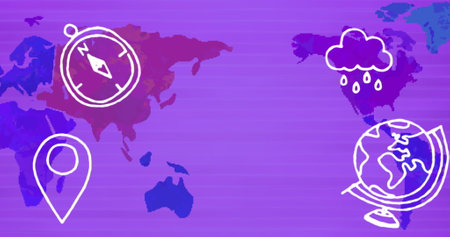 Image of hand drawn icons flying over world map. global travel, connections and technology concept digitally generated image.の写真素材