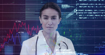 Doctor analyzing futuristic data projections with digital graphs and charts overlay. Technology, innovation, data analysis, healthcare, research, analyticsの写真素材
