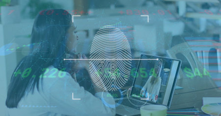 Image of online biometric fingerprint over woman on laptop image call. global internet security,...