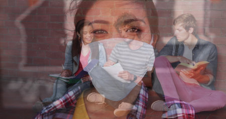 In school, multi-ethnic group of friends studying together over asian woman in mask. collaboration, learning, diversity, friendship, education, studentsの写真素材