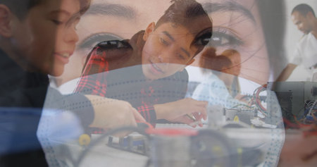 In school, multi-ethnic kids studying in class with Asian woman wearing mask. Education, classroom,...