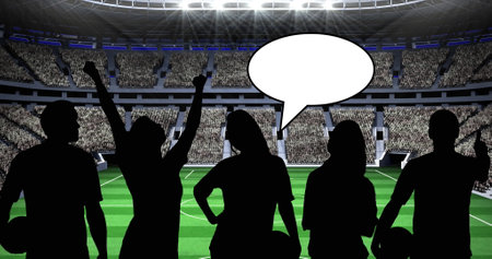 Image of gold confetti and silhouetted sports fans with speech bubble over sports stadium. sport, achievement, competition, game and celebration concept, digitally generated image.の写真素材