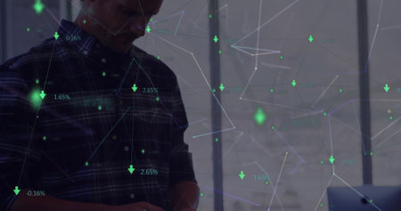 Network of connections floating against caucasian man using smartphone at office. global networking...
