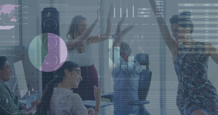 Image of financial data processing over business people. global business, connections and data...