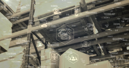 Network of digital icons and business concept texts against warehouse in background. global networking and logistics transportation business conceptの写真素材