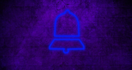 Neon blue bell icon glowing against textured purple background, creating modern vibe. Notification,...