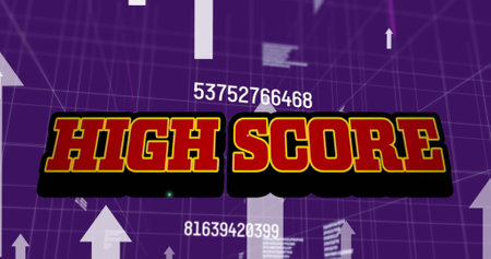 Image of high score text and arrows over grid and data processing. image game, entertainment and digital interface concept digitally generated image.の写真素材