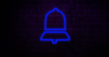 Neon blue bell icon glowing against dark brick wall, creating modern ambiance. Technology, notification, futuristic, luminous, digital, communicationの写真素材