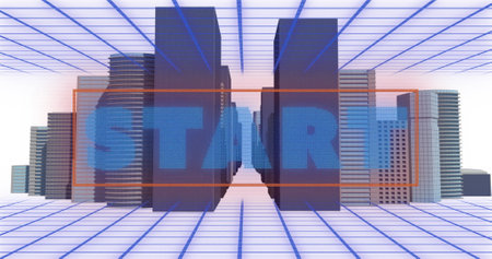 Digital image of start text over grid network against 3d city model on white background. image game...