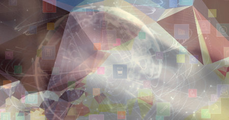 Image of globe with digital icons over blurred background. global connections, digital interface and...