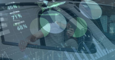 Image of statistics and financial data processing over delivery man. global shipping, delivery,...