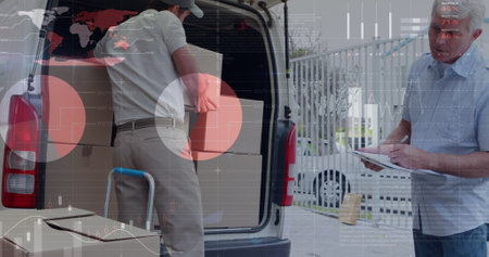Statistical data processing against caucasian delivery man stacking boxes in his delivery van....