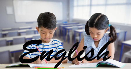 Image of english text and schoolchildren over empty classroom. school, education and study concept...