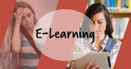 Image of e-learing text over students in school. school, education and study concept digitally...