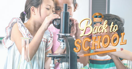 Image of back to school text over schoolchildren using microscope. school, education and study concept digitally generated image.の写真素材