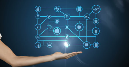 Presenting digital network icons, hand symbolizing modern technology connections. innovation,...