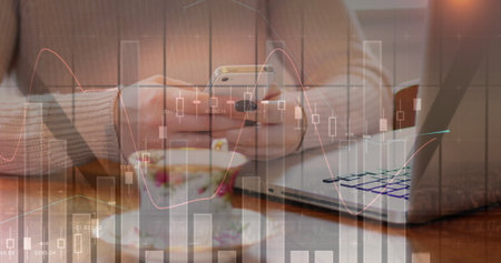 Image of statistics and data processing over woman using smartphone. global business, data...