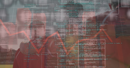 Image of red line and data processing over rugby players on sports stadium. sports, competition and...