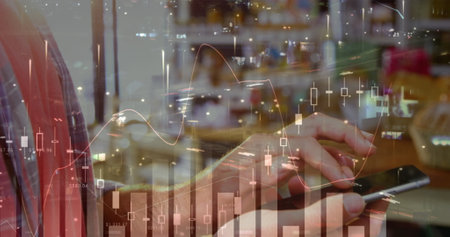 Image of statistics and data processing over businesswoman using smartphone. global business, data...