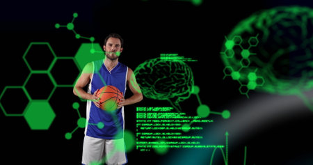 Image of digital brains and data processing over male basketball player holding ball. global sports,...