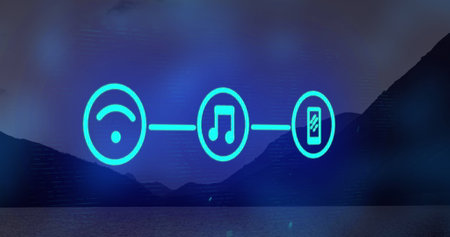 Image of three digital icons floating over landscape. global online digital interface, communication...