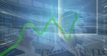 Image of green line and data processing over rugby players. global sports, competition, data...