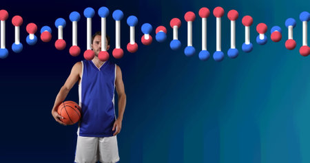 Image of dna strand over male basketball player holding ball. global sports, fitness and data processing concept digitally generated image.の写真素材
