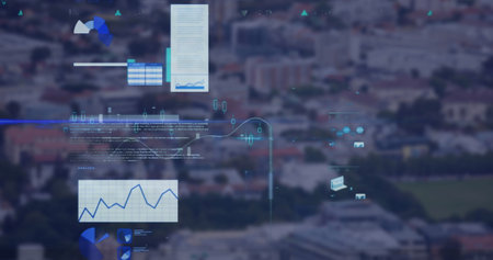 Image of data processing over landscape. global connections, digital interface and technology concept digitally generated image.の写真素材