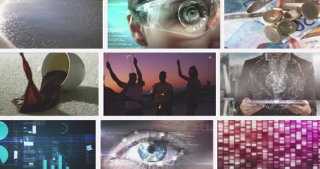 Composite image of nine business, leisure and technology screens. global communication, business, technology and leisure, digital interface concept digitally generated image.の写真素材