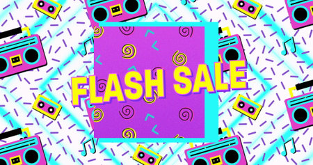 Image of flash sale text in yellow letters over brightly coloured retro cassette players pattern. shopping, retail and savings concept digitally generated image.の写真素材