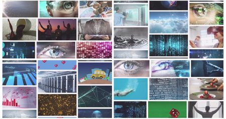 Composite image of multiple scrolling business, leisure and technology screens. global communication, business, technology and leisure, digital interface concept digitally generated image.の写真素材