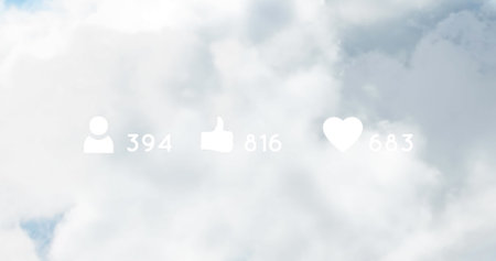 Increasing numbers of follow, like, heart icons with sky background. Social media, digital, engagement, networking, connectivity, interactionの写真素材