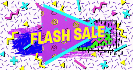 Flash sale text on purple banner against abstract colorful shapes on white background. sale discount...