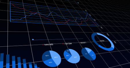 Image of financial data processing over grid. global business, digital interface and technology concept digitally generated image.の写真素材