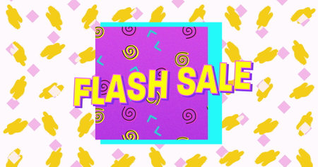 Flash sale text on purple banner against abstract colorful shapes on white background. sale discount...